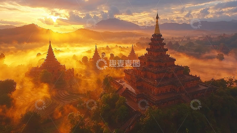 高清大图下载【趣麦麦图】金色日出下的缅甸寺庙群