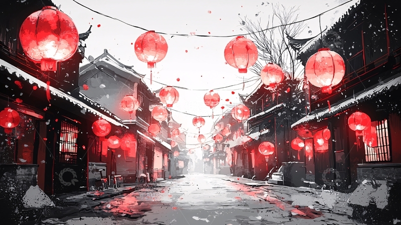 高清大图下载【趣麦麦图】红灯笼雪景古镇街道