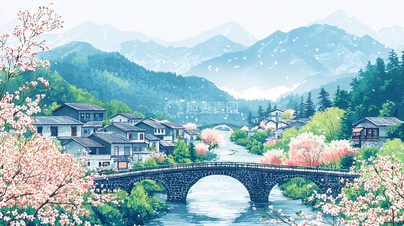 高清大图下载【趣麦麦图】山水田园风光动漫插画