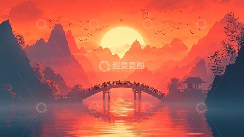 高清大图下载【趣麦麦图】日落山水桥梁的唯美意境