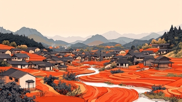 秋日红枫梯田山村