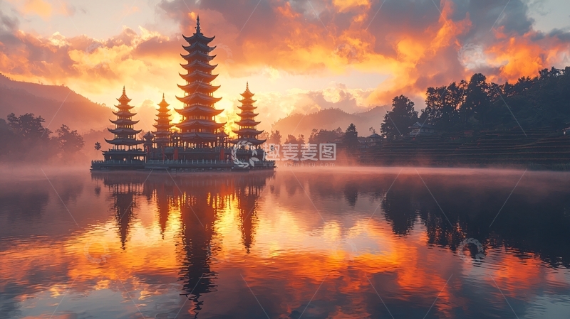 高清大图下载【趣麦麦图】日出寺庙湖泊倒影