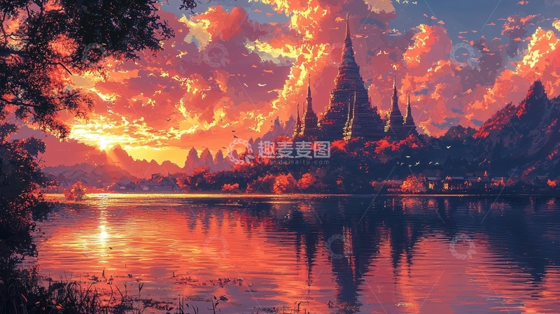 高清大图下载【趣麦麦图】夕阳下的湖边古城