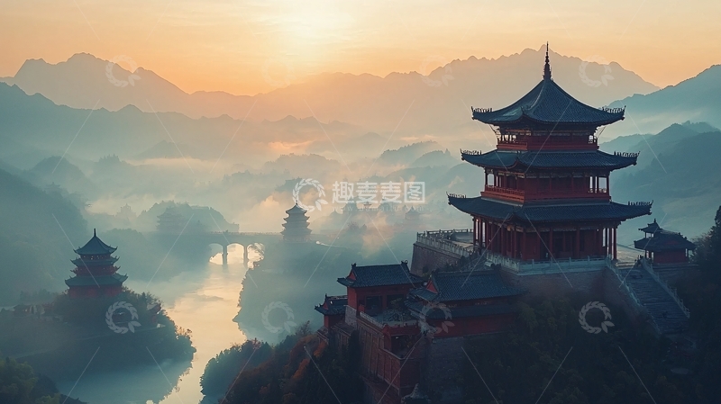 高清大图下载【趣麦麦图】清晨山峦间古色古香的建筑