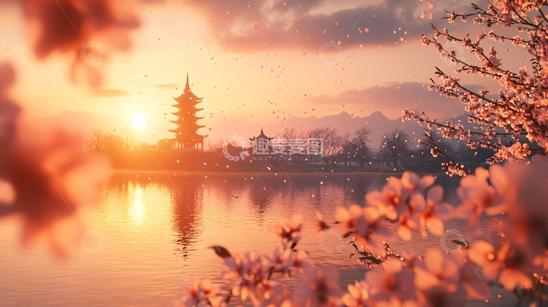 高清大图下载【趣麦麦图】日落余晖下的樱花塔