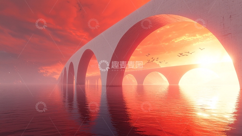 高清大图下载【趣麦麦图】红霞下的拱桥倒影