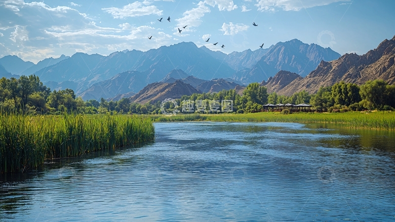 高清大图下载【趣麦麦图】山脉河流绿洲飞鸟