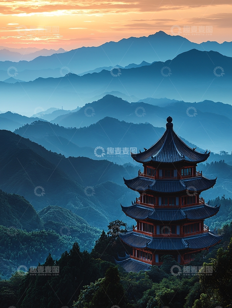 高清大图下载【趣麦麦图】山间古塔日出美景