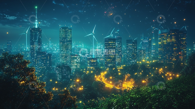 高清大图下载【趣麦麦图】夜景城市风力发电