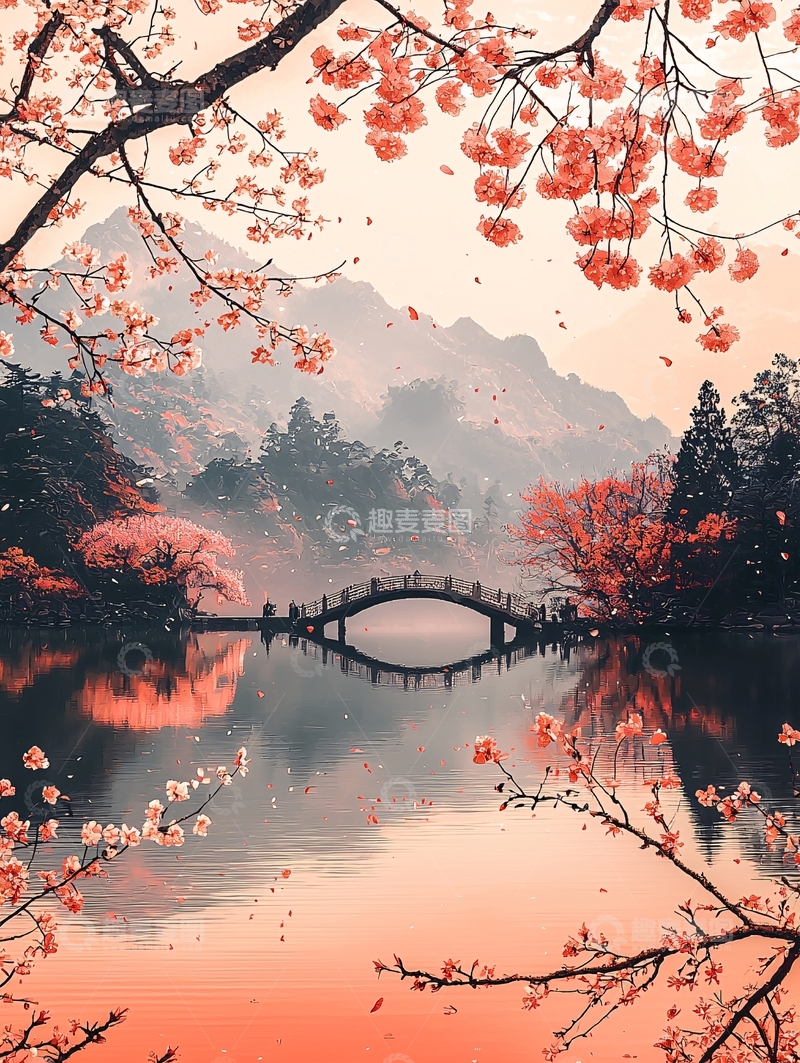 高清大图下载【趣麦麦图】唯美樱花湖景桥
