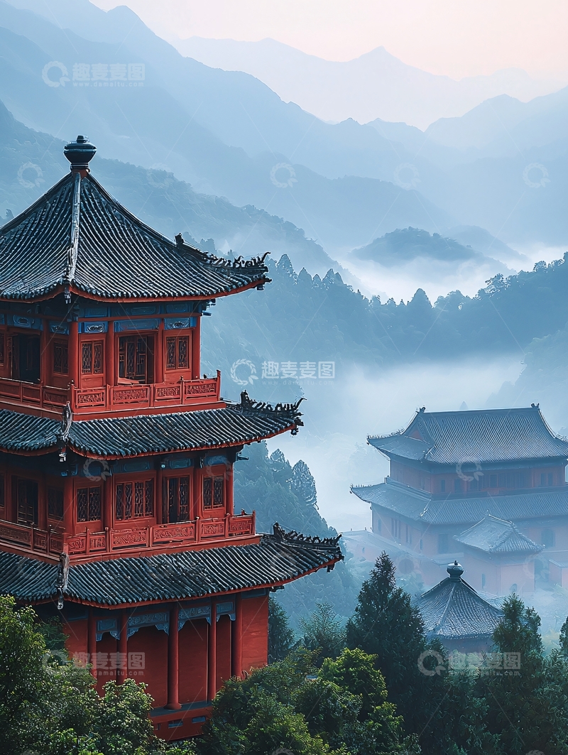 高清大图下载【趣麦麦图】山峦叠嶂中的红色古塔