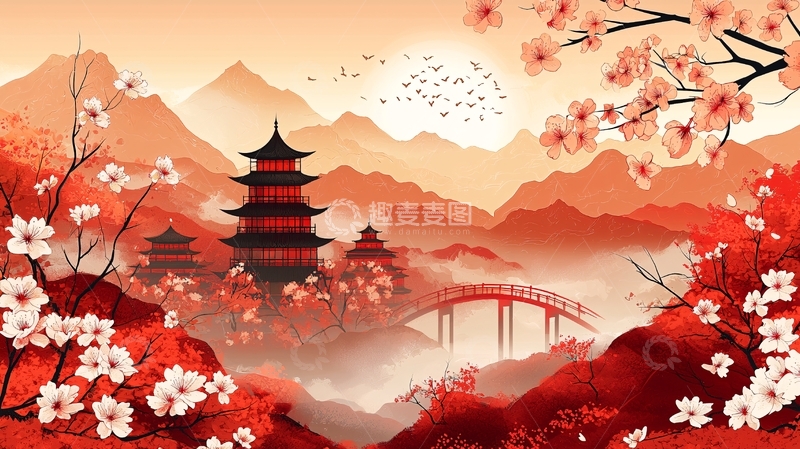 高清大图下载【趣麦麦图】日式红枫山景图