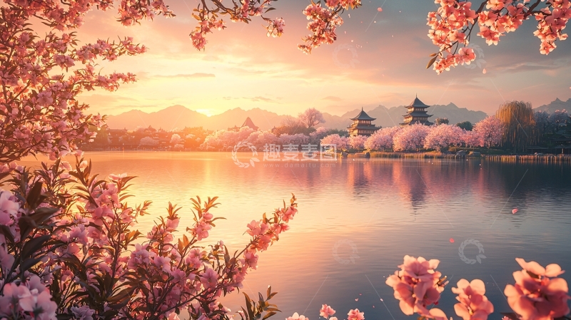高清大图下载【趣麦麦图】春日樱花湖景图