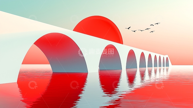 高清大图下载【趣麦麦图】极简风格日出拱桥