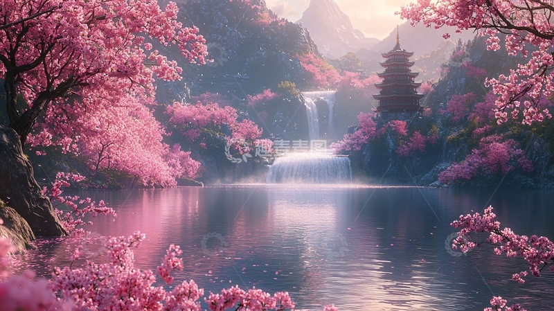 高清大图下载【趣麦麦图】樱花树下的宁静湖面