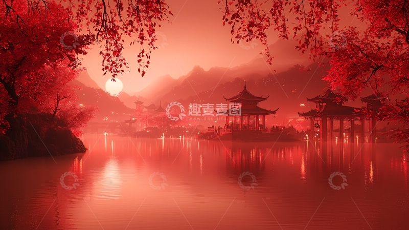 高清大图下载【趣麦麦图】红枫古镇夕阳