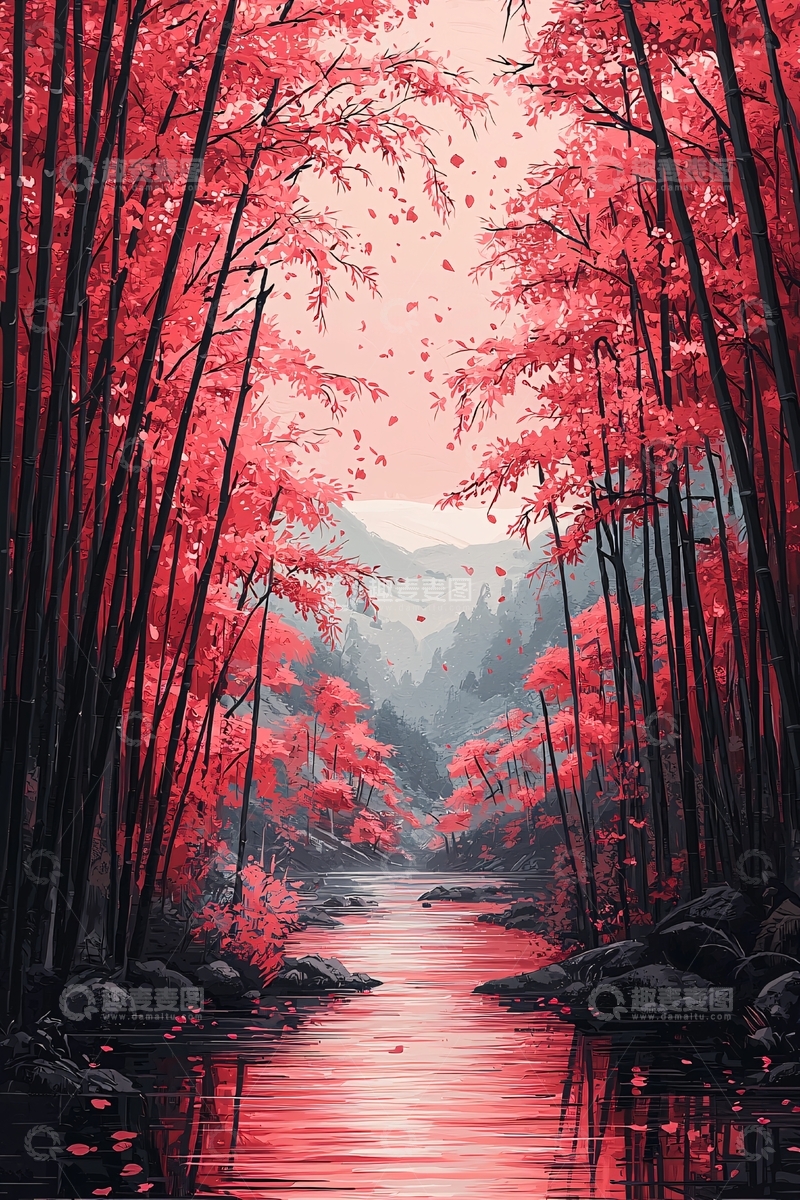 高清大图下载【趣麦麦图】红色竹林溪流