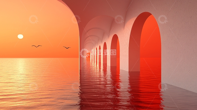 高清大图下载【趣麦麦图】日落海景拱廊建筑