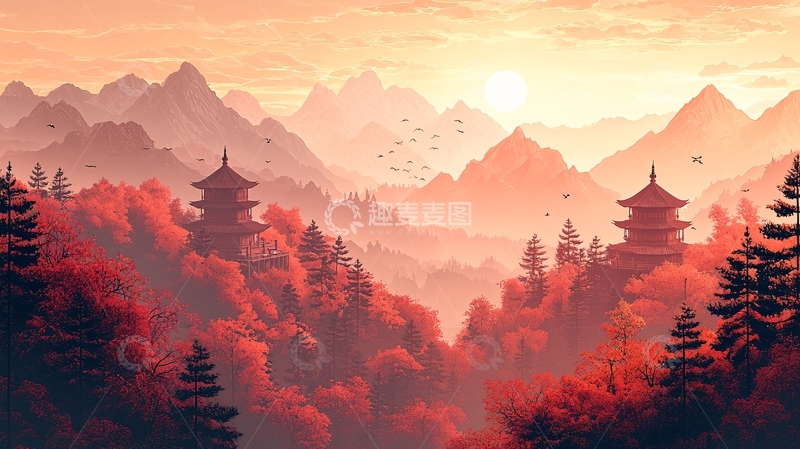 高清大图下载【趣麦麦图】红叶山峦日落景色