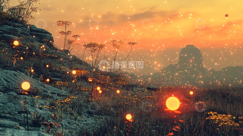 高清大图下载【趣麦麦图】奇幻日落山丘萤火虫景观