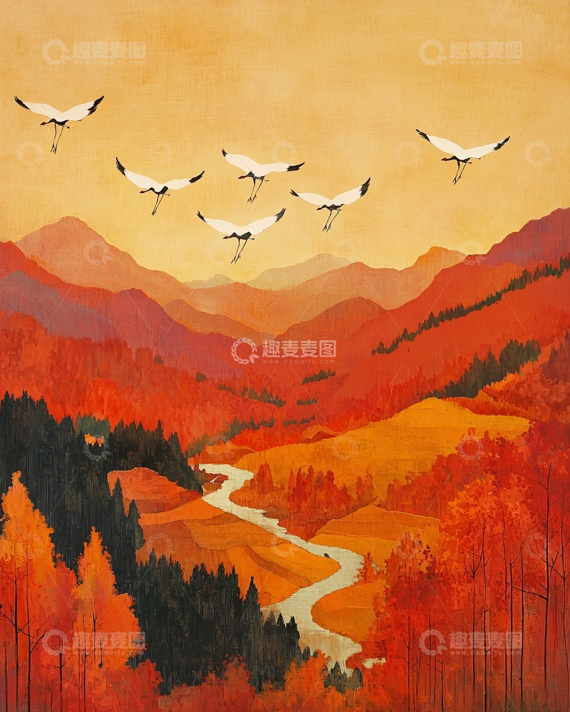 高清大图下载【趣麦麦图】秋日山谷飞鹤图