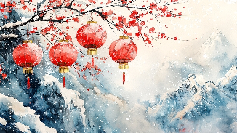 高清大图下载【趣麦麦图】雪中红灯笼梅花图