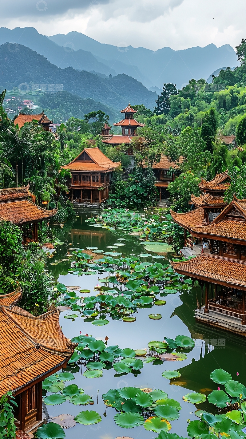 高清大图下载【趣麦麦图】山间古色古香的建筑群