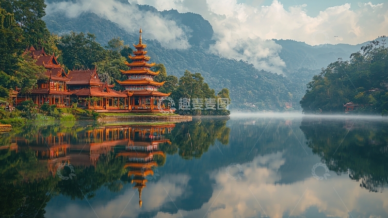 高清大图下载【趣麦麦图】山间湖泊古寺倒影