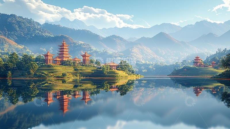 山间湖泊寺庙倒影