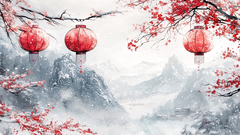 高清大图下载【趣麦麦图】红灯笼雪景山峰