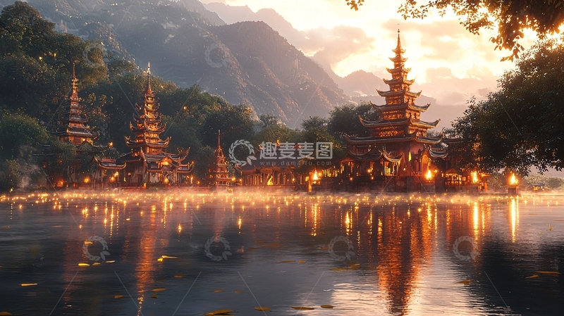 高清大图下载【趣麦麦图】湖边金色寺庙