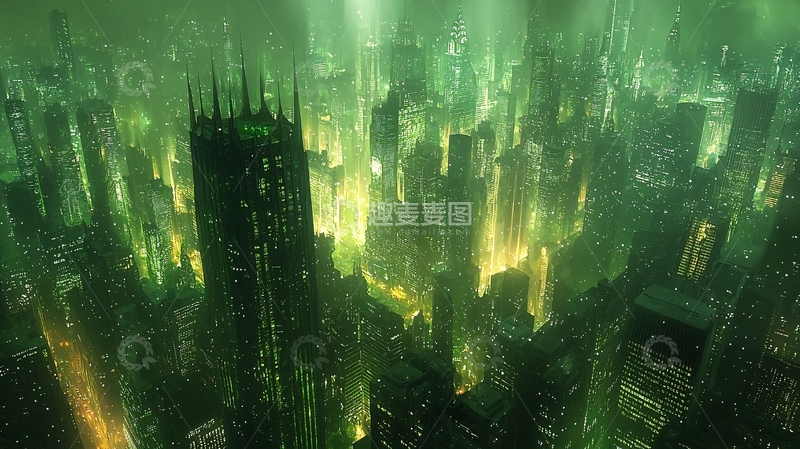 高清大图下载【趣麦麦图】绿色迷雾中的哥特式未来都市