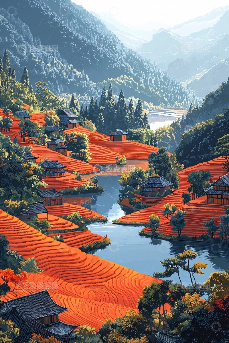高清大图下载【趣麦麦图】山间梯田秋景图