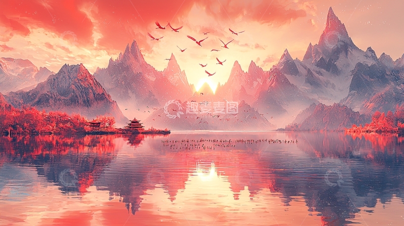 高清大图下载【趣麦麦图】日落山川湖泊倒影