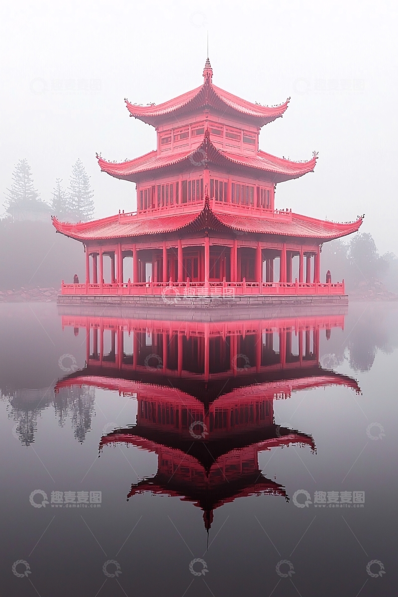 高清大图下载【趣麦麦图】红木亭台倒影雾气