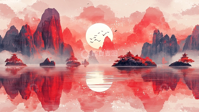 高清大图下载【趣麦麦图】红霞山水倒影