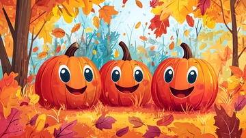 秋日森林里三个快乐南瓜