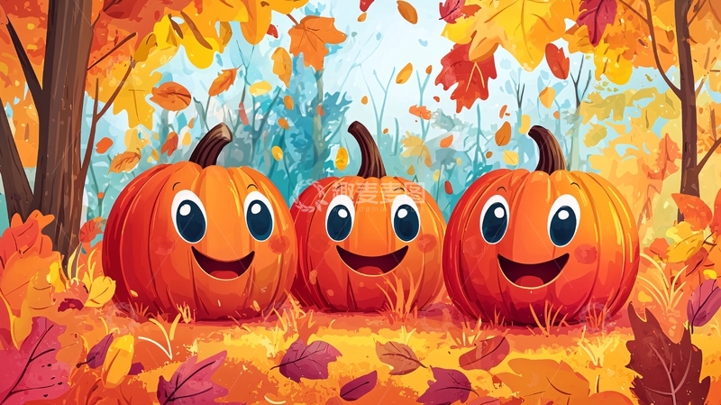 高清大图下载【趣麦麦图】秋日森林里三个快乐南瓜