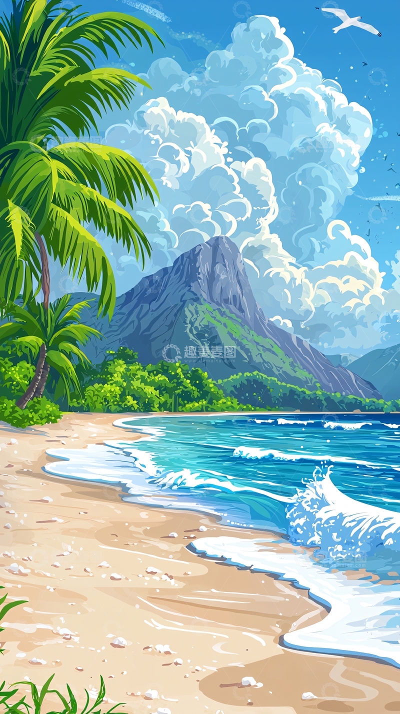 高清大图下载【趣麦麦图】热带海滩椰树山峰风景