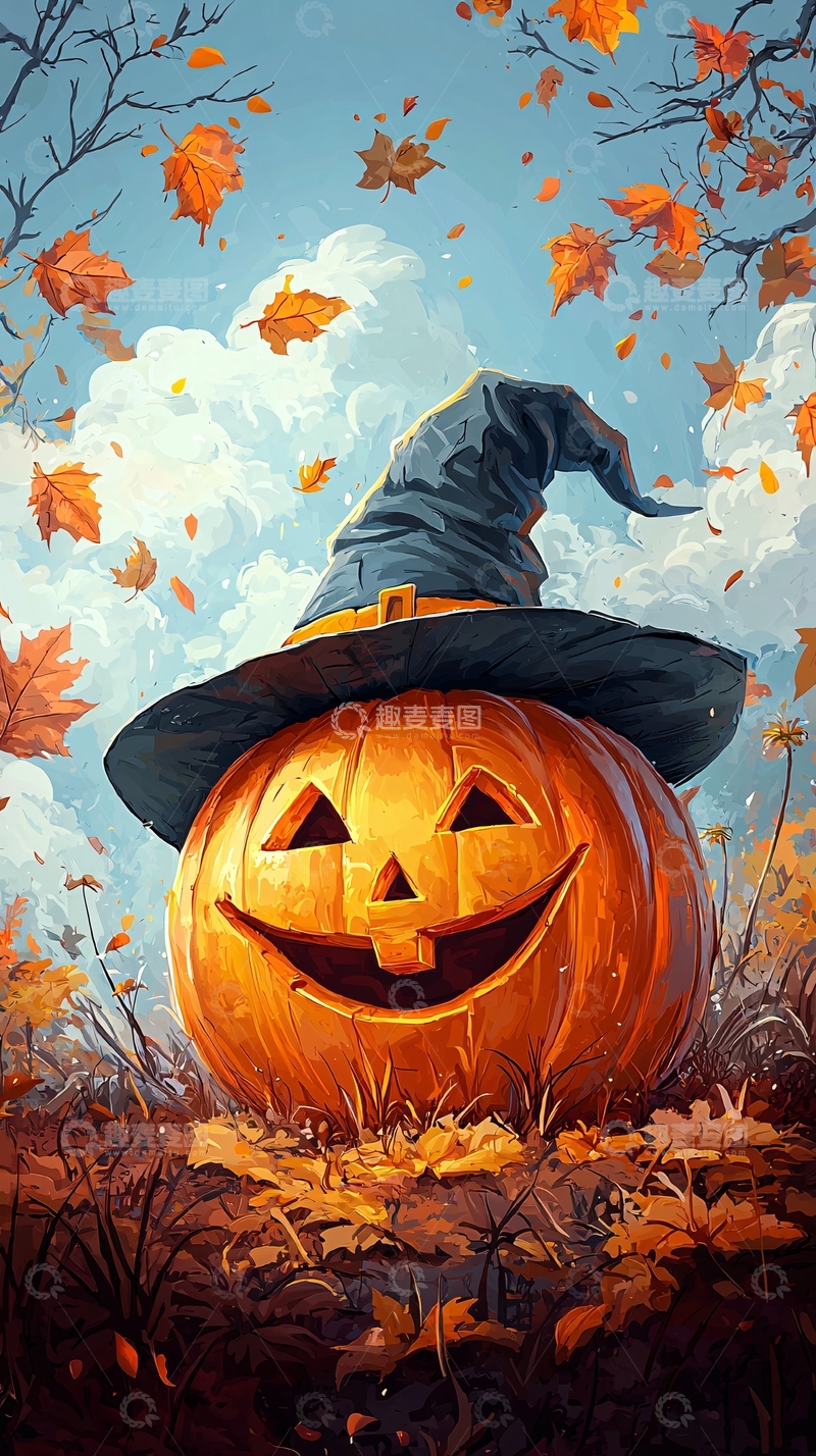 高清大图下载【趣麦麦图】戴巫师帽的南瓜灯