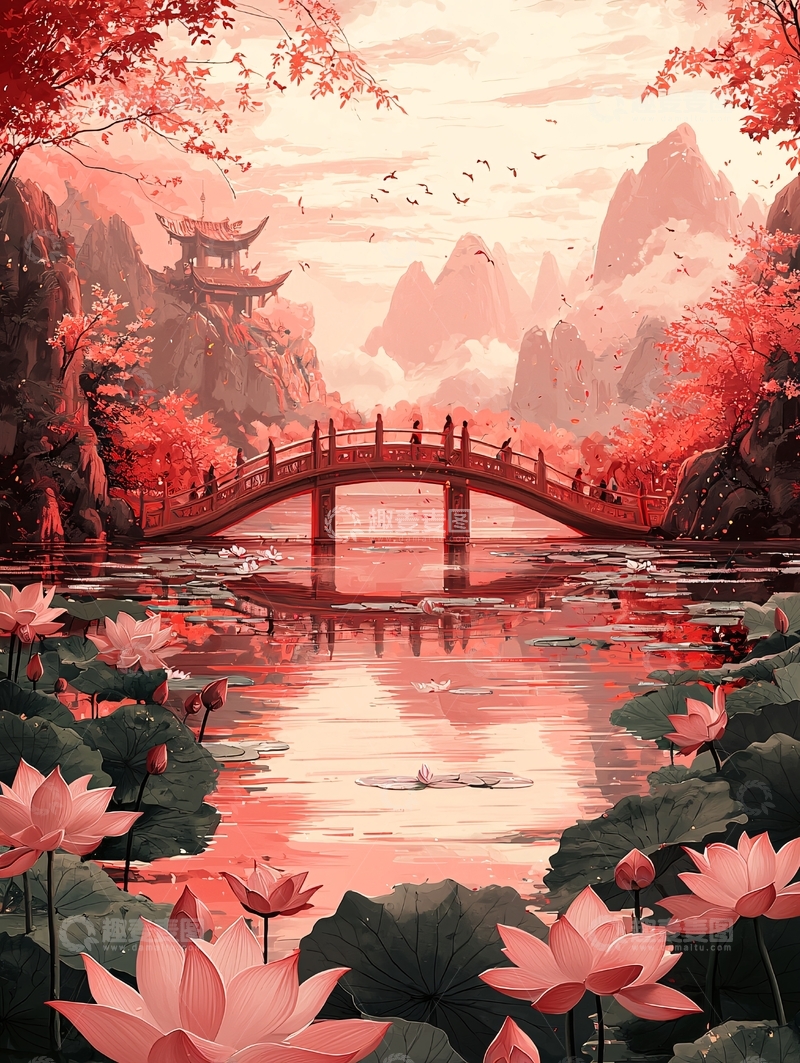 高清大图下载【趣麦麦图】-红色调国风山水桥梁