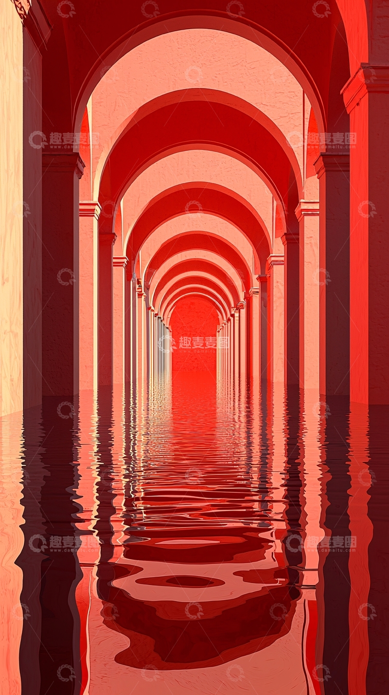 高清大图下载【趣麦麦图】红色拱廊水淹走廊