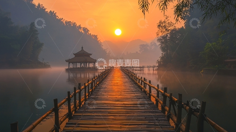 高清大图下载【趣麦麦图】清晨雾气湖边木桥
