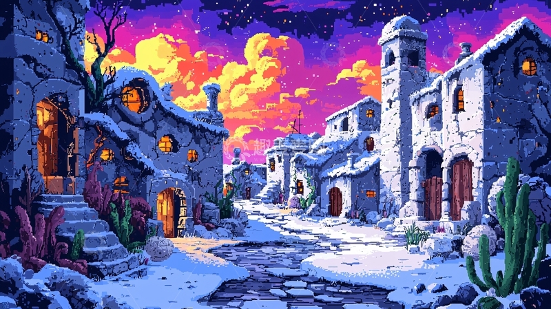 高清大图下载【趣麦麦图】像素风格雪夜小镇