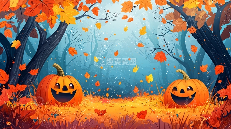 高清大图下载【趣麦麦图】秋天森林南瓜卡通背景