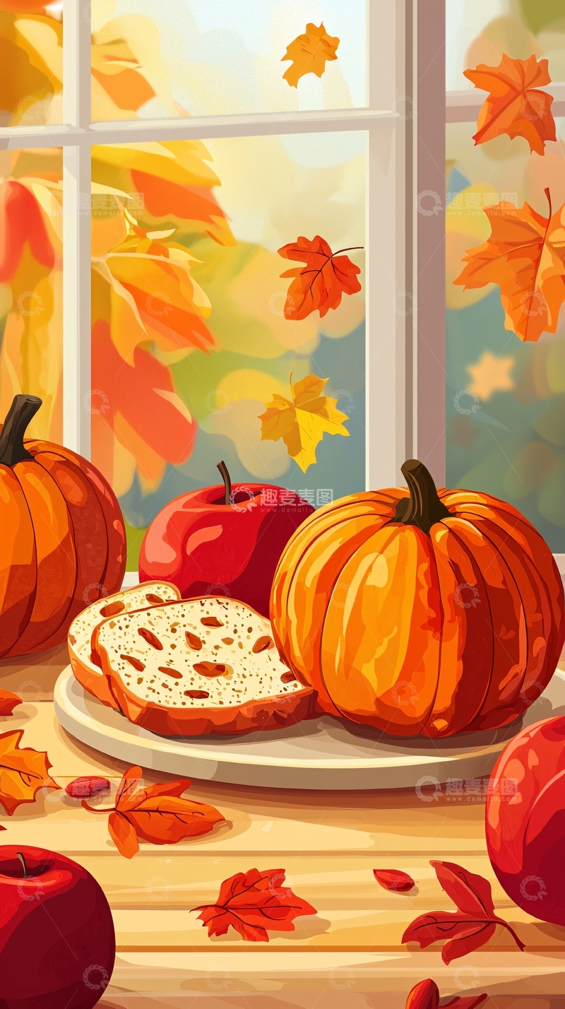 高清大图下载【趣麦麦图】秋日窗边南瓜苹果面包