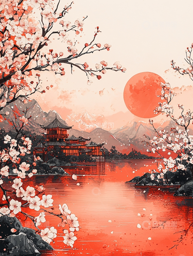高清大图下载【趣麦麦图】红日樱花寺庙山水画