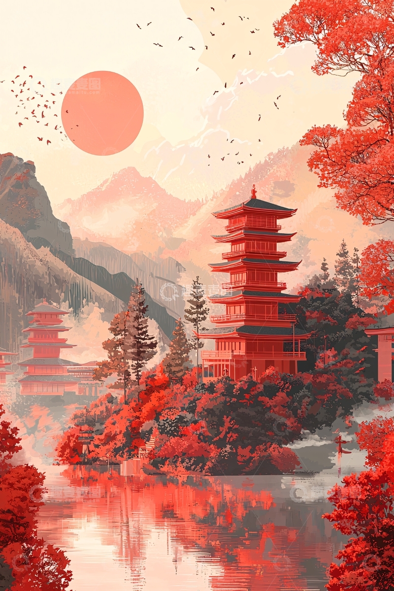 高清大图下载【趣麦麦图】红日映照下的日式建筑