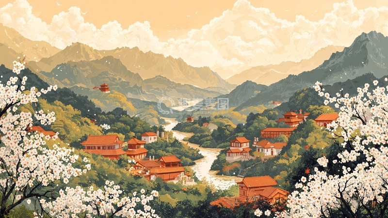 高清大图下载【趣麦麦图】山间古镇水墨画