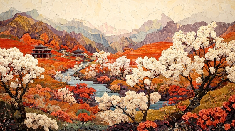 高清大图下载【趣麦麦图】山间寺庙杏花盛开